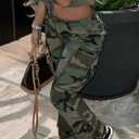 Womens Camo Cargo High Waist Pants Camouflage Military Elastic Trousers with Pockets (XL)