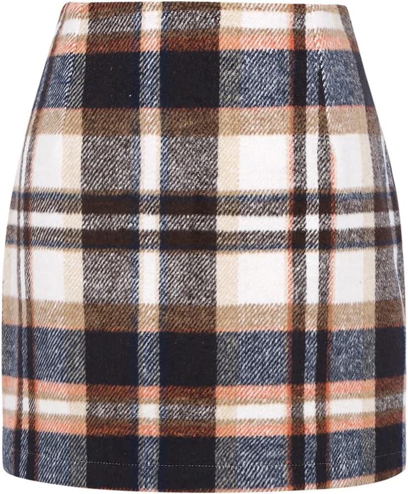 IDEALSANXUN Womens High Waist Plaid Skirt Bodycon Pencil Wool Mini Skirts (Medium, Brown)