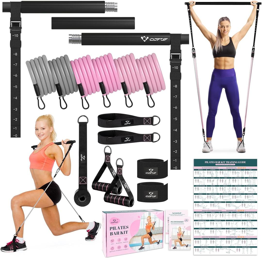 Pilates Bar Kit with Resistance Bands, Multifunctional Yoga Pilates Bar with Heavy-Duty Metal Adjustment Buckle, Portable Home Gym Pilates Resistance Bar Kit for Women Full Body Workouts (Jet Black)