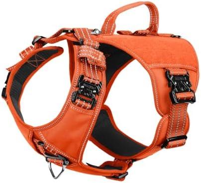 ICEFANG GN8 Tactical Dog Harness with 4X Metal Buckles for Large Sized Dogs, Reflective in Training Walking K9 Vest, No-Pull Front Leash Clip, Adjustable Pet Harness (Orange, Large)
