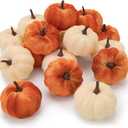 Folmywy 16 Pcs Faux Velvet Pumpkins Small Artificial Fall Harvest Pumpkin Decoration Fake Foam Fabric Pumpkins for Thanksgiving Halloween Wreath Vase Filler Farmhouse Table Centerpieces Autumn Decor