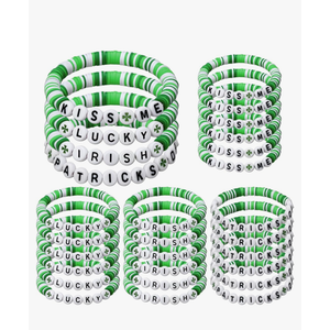 24 Pcs St. Patrick's Day Bracelet for Women Clay Lucky Irish Shamrock Beaded Bracelets Bulk for Party Decor Gifts