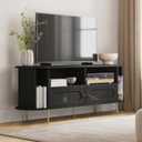 Oval Rattan TV Stand & Media Console  63 Entertainment Center with Storage, TV Console Table for Living Room & Bedrooms, Supports 3265 Device, Soft-Close Cabinet Doors, Black (Black and Black Rattan)