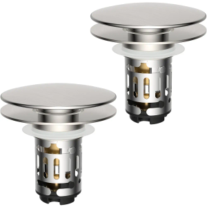 Hibbent 2 Pack Upgraded 3 in 1 Bathroom Sink Drain Strainer, Pop Up Sink Stopper with Big Cap, Anti-Clogging Metal Filter Basket,Sink Plug with Hair Catcher for 1.1''~2.36'' Basin, Brushed Nickel