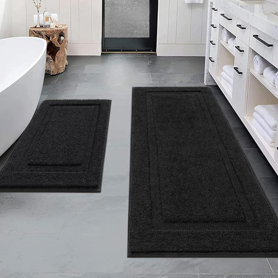 SHACOS Super Soft Black Bathroom Runner Rugs Set of 2 Pieces 47x20 + 32x20 inch Non Slip Washable Bath Mats Fluffy Absorbent Bath Rugs for Bathroom Shower Tub