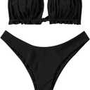 ZAFUL Women 2 Piece Strapless Bikini Swimsuits Ruffle Ribbed Self Tie Bandeau Bikini Set High Cut String Bathing Suits, Size L