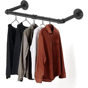 Wall Mounted Clothes Rack - 36" Industrial Pipe Clothing Garment Rack, Space - Saving Heavy Duty Detachable Black Iron Clothes Organizer, Multi-Purpose Hanging Rod for Closet Storage, 2 Base