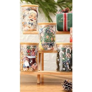 Shellwei 5 Pcs Watercolor Christmas Glass Storage Jar with Airtight Bamboo Lid Santa Claus Canister Sets Christmas Snowman Elk Clear Cookie Candy Storage 19oz for Kitchen Containers Countertop Decor