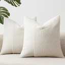 Set of 2 Fluffy Boucle Pillow Covers 20"x20", White Textured Throw Pillow Covers with Faux Leather Accents, Boho Decorative Pillow Cases for Couch, Bed, or Farmhouse Home Decor