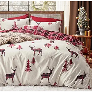 Bedsure Christmas Duvet Cover Queen - Christmas Bedding Set, Reversible Buffalo Check Printed Plaid Duvet Cover, 3 Pieces Bedding Set with 2 Pillow Shams (Queen, Reindeer)