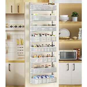 DAOTENGQL 8-Tier Over The Door Pantry Organizer with Mesh Baskets, Adjustable & Stable Hanging Spice Rack for Kitchen, Bathroom, Bedroom, and Baby Essentials Storage (16" W 8-Tiers, White)