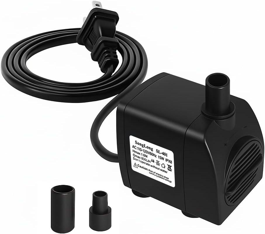 SongLong Submersible Pump 200GPH (800 L/H 15W) Ultra Quiet with Over Heating Protection 5.2ft High Lift for Fountains, Hydroponics, Ponds, Aquariums & More