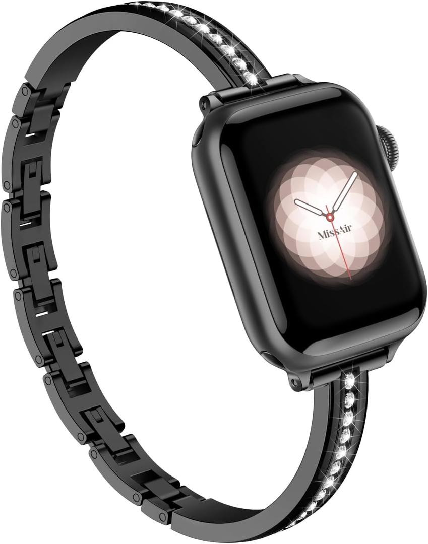 Missair Bands Compatible with Apple Watch Band 38mm 40mm 41mm 42mm 44mm 45mm 46mm 49mm for Women, Slim Metal Dressy Jewelry Bracelet with Bling Diamond for iWatch Series 11 10 9 8 7 6 5 4 3 SE Ultra (Black)
