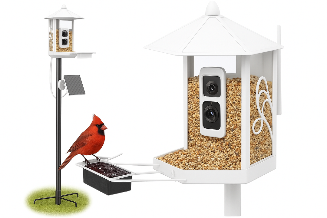 Metal Bird Feeder with Camera and 74.5 Inch Pole - Smart Camera Bird Feeder Solar Powered with 2K Live Stream for Backyard, AI Identify Auto Capture Videos, Unique Outdoor Gifts for Mom and Dad