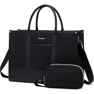 LOVEVOOK Laptop Bags for Women, 17 inch Waterproof Work Tote Bag with Clutch, Professional Teacher Computer Purse Lightweight Shoulder Bag Travel, Quilted Black