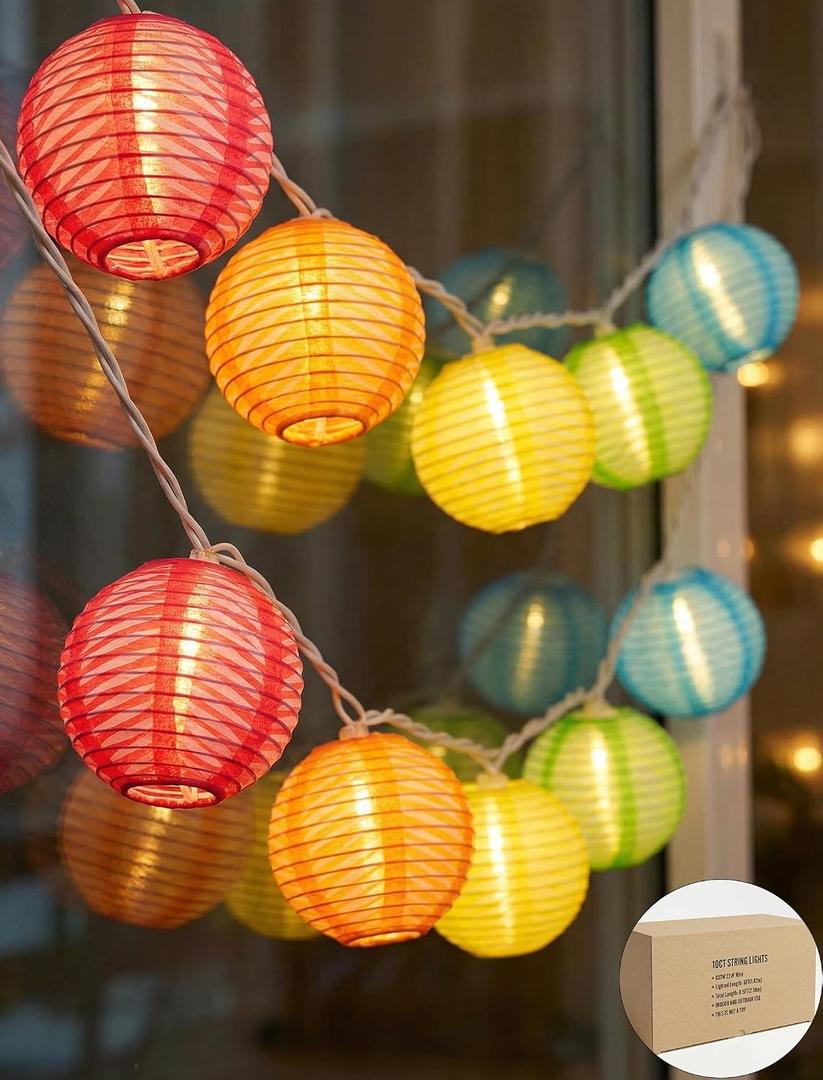8.5Ft Summer String Lights Plug in, 10 Multicolor Nylon Lanterns (Paper-Look), Whimsy Rainbow Decorative String Lights Indoor Outdoor for Classroom, Patio, Bedroom & Summer Porch Decor