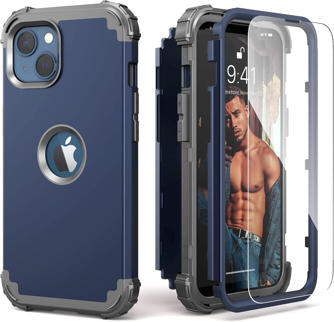 IDweel for iPhone 15 Case with Screen Protector,Luxury 3 in 1 Shockproof Slim Fit Hybrid Heavy Duty Protection Glitter Hard PC Cover Soft Silicone Bumper Full Body Case,Dark Blue/Grey