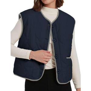 Women's Fall Reversible Vests Casual Button Down Sleeveless Sherpa Vest Fleece Padded Gilet Outerwear Jacket Coat, L