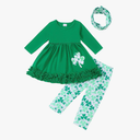 Toddler Baby Girls St.Patrick's Day Outfits Long Sleeve Clover Dress Shirt Shamrock Print Pants Clothes Set,Size 3-4T