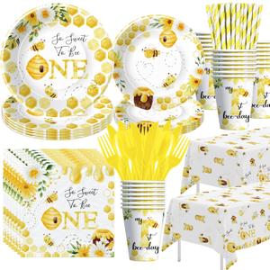 Bee 1st Birthday Party Decorations Tableware - Bumble Bee First Birthday Party Supplies for One Year Old, Paper Plates, Cups, Napkins, Tablecloth, Cutlery, Straw | Serves 24