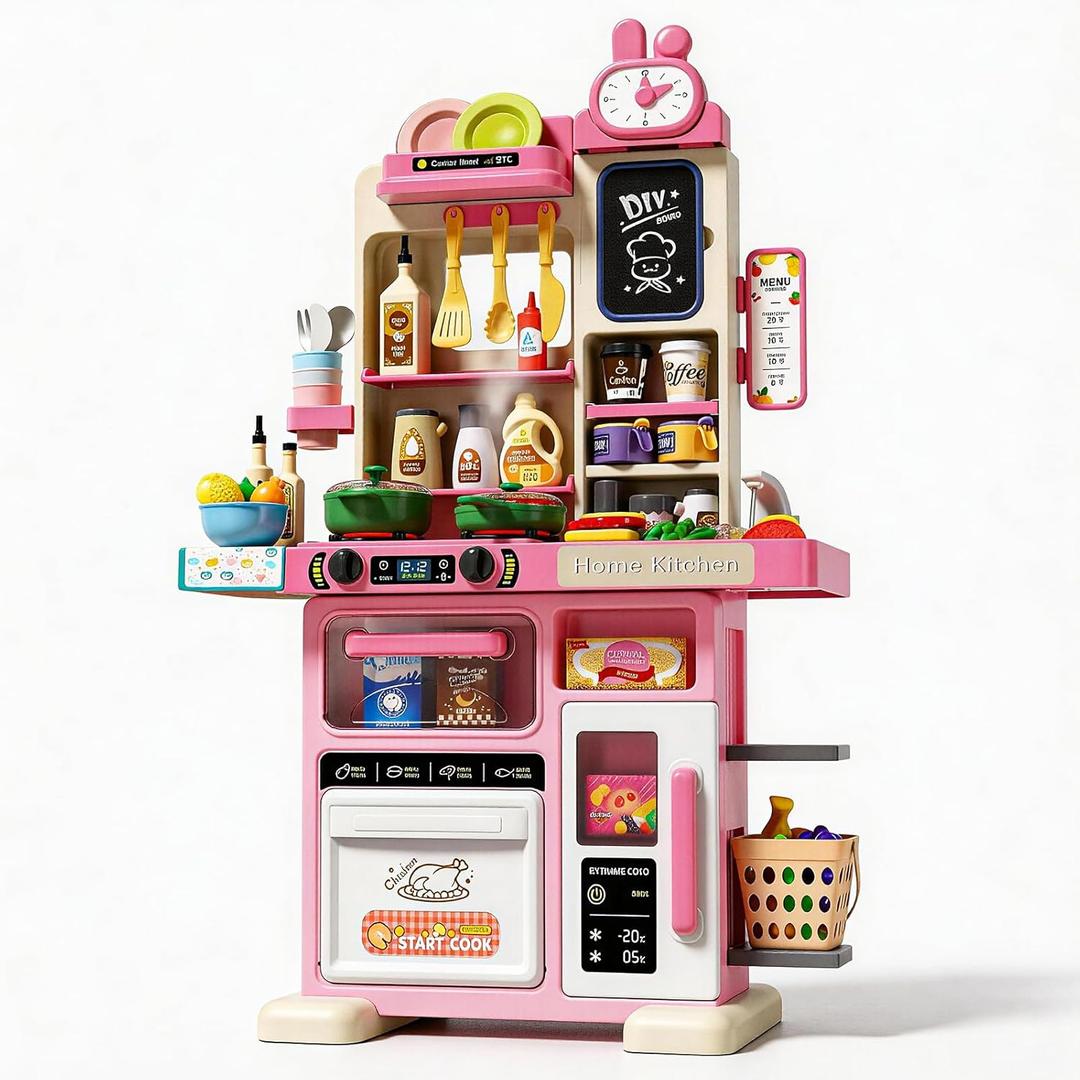 33.8IN - 70PCS Kids Kitchen Playset with Sound & Light - Cooking Stove with Steam, Play Sink and Toy Kitchen Accessories - Pretend Kitchen Play Food Toys for Kids Boys Girls - Toddler Play Kitchen Set (Pink)