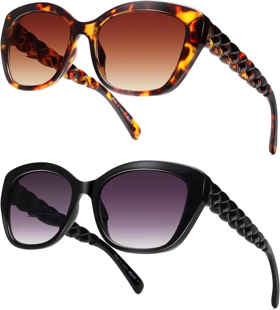 LADEESSE Reading Sunglasses for Women - Stylish Bifocal Sunglasses with Readers Built-in - UV400 Protection - 2 Pack+2.0 (Black+tortoise)