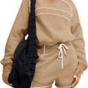 Fisoew Womens Sweatsuits 2 Piece Outfits V Neck Fleece Sweatshirts Contrast High Waisted Shorts Casual Tracksuits Lounge Sets (Brown)