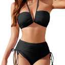 Blooming Jelly Womens High Waisted Bikini Sets Sexy Bandeau Tummy Control Swimsuits Halter Two Piece Ruched Bathing Suit (Medium, Black)