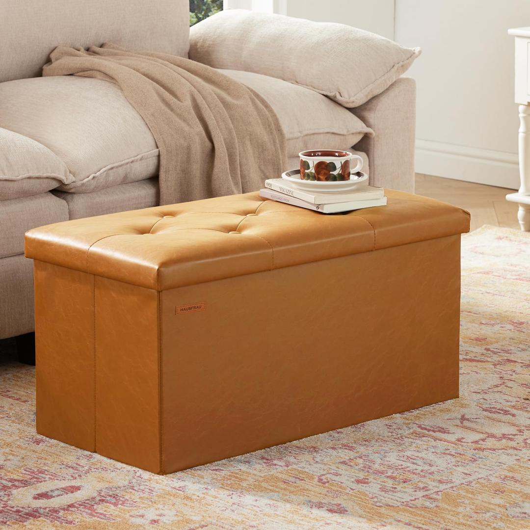 HAUSFRAU Ottoman Storage Bench Folding Foot Rest Stool Upholstered Caramel, 38.1D x 76.2W x 38.1H centimetres