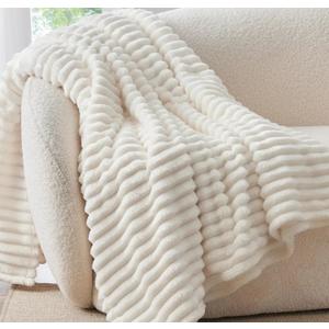 BEDELITE Fleece Throw Blanket for Couch - 300GSM Soft & Warm Fluffy Cream White Blanket, Decorative and Giftable Striped Blankets for Women, Men, 50"x60"
