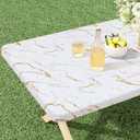misaya Rectangle Vinyl Flannel Backed Tablecloth, Elastic Waterproof Fitted Table Cover, Plastic Table Cloth Fit 8 Foot Folding Tables for Camping, Picnic, Outdoor (White Gold Marble, 30x96 inch)