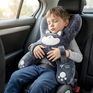 Kids Car Sleeping Pillow - X-Shaped Plush Animal for Neck & Back Support - Hands & Seat Belt Slot - Machine Washable & Compressible - Perfect for Car, Plane, Train, Boat & More - Grey