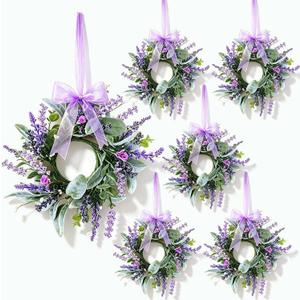 6 Pcs Mini Lavender Hanging Wreaths Purple Daisy Candle Rings Pillar Holder Wreath Wild Flower Spring Summer Floral Wreaths for Farmhouse Porch Front Door Cabinets Window
