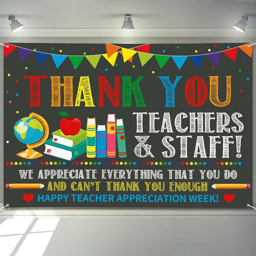 Teacher Appreciation Decorations Banner 72" x 48" Backdrop Thank You Teachers and Staff Apple Book Party Decorations Background for Indoor Outdoor Classroom,School,Office Decorations,Gifts