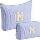 Vorey Blue Personalized Initial Makeup Bag Set, Cute Preppy Travel Toiletry Cosmetic Bags, Small Make Up Pouch, Birthday Gifts for Women, Girls, Friends, (M)