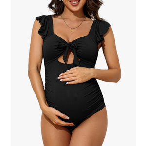 Charmo Ruffle Maternity Bathing Suits for Women Ribbed Tie Knot Maternity Swimsuit Cutout Ruched Pregnancy Swimwear Medium