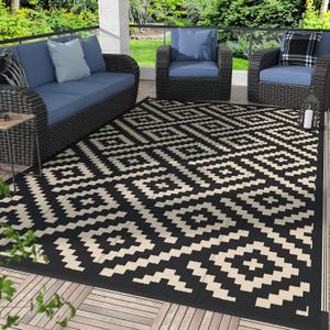 GENIMO Outdoor Rugs 8x10 Waterproof, Reversible Mats, Area Plastic Straw Rug, Outside Carpet, Geometric Rv Mat for Patio Camping Rv Picnic Backyard Deck Balcony Porch Beach Trailer (Black & Beige)