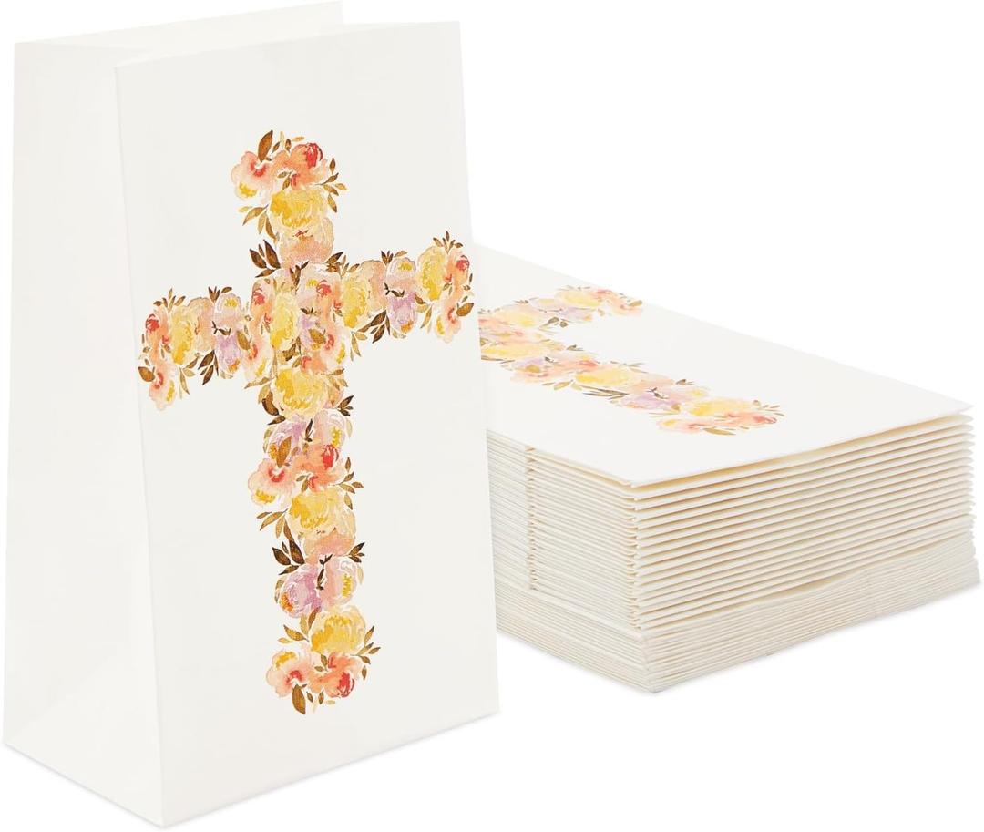 BLUE PANDA 36-Pack Religious Party Favors Gift Bags for Baptism, First Communion, Easter and Childrens Birthday, Party Supplies Goodie Bag with Chic Floral Cross Design, 5.2x8.7x3.3 inches