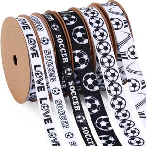 LaRibbons Soccer Ribbon Set 6 Rolls 30 Yards Total, White Black Sports Themed Craft Ribbons for Soccer Party Decorations, Hair Bows, Gift Wrapping, DIY Sewing Supplies