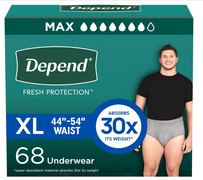 Depend Fresh Protection Adult Diapers, Incontinence Underwear for Men, Disposable, Maximum, Extra-Large, Grey, 68 Count (2 Packs of 34) 68 Count, Size: XL 44-54 in