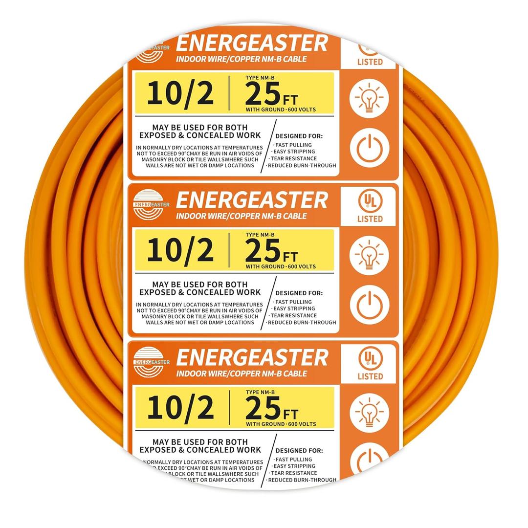 Energeaster 10/2 NM-B Wire,with Ground Indoor Electrical Copper Wire10 Gauge Wire 2 Conductor Non-Metallic Sheathed Copper Cable(25FT Orange)