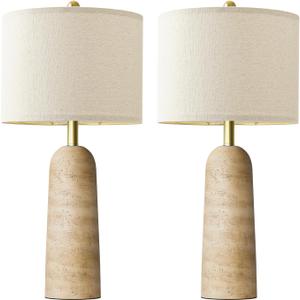 BOBOMOMO 27.25" Modern Table Lamp Set of 2, Warm Beige Resin Lamp with Natural Stone Look, Lamps for Living Room with Linen Shades, Bedside Lamp for Bedroom, Living Room, Nightstand, Entryway