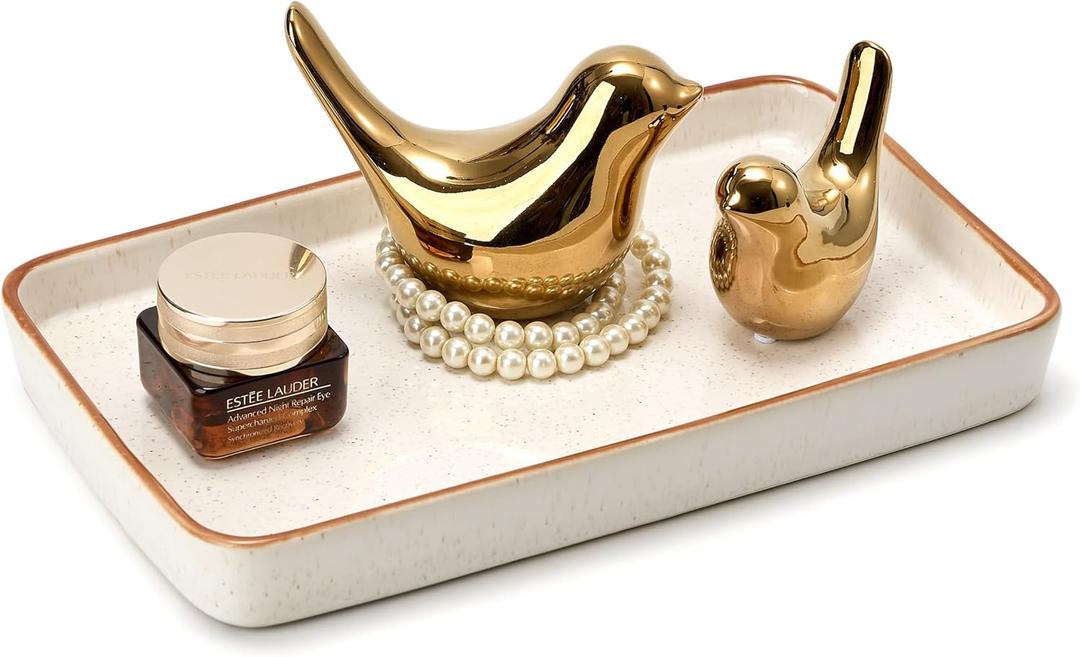 10"6"1" Bathroom Vanity Tray for Countertop- Ceramic Decorative Organizer Tray for Dresser Tops, Toilet, Perfume, Sponge Holder Soap Dish Dispenser for Kitchen Counter- Reactive White