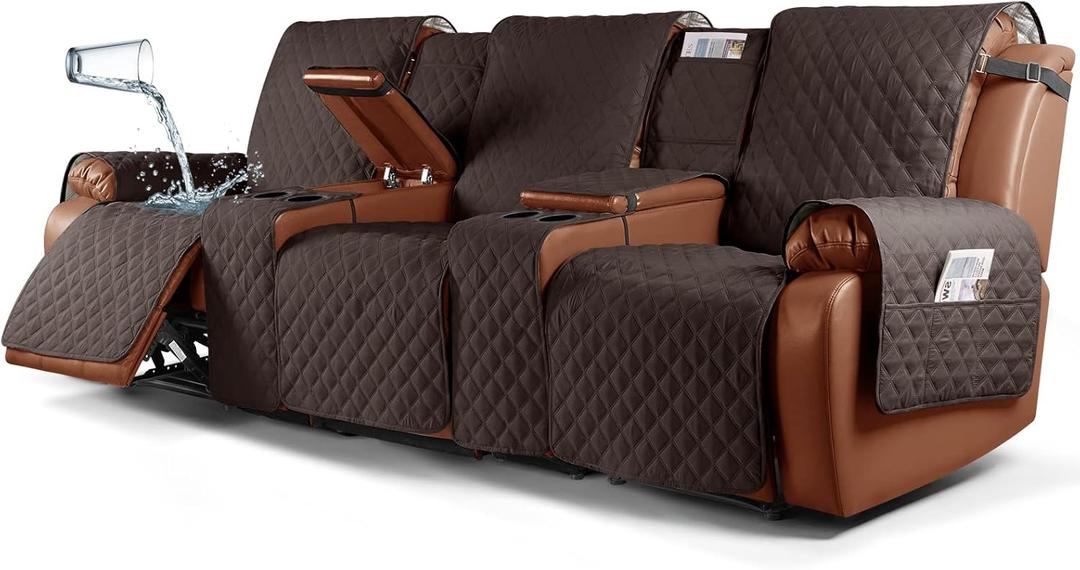 Ruaozz Waterproof Recliner Sofa Cover with Console Non-Slip Couch Covers for Reclining Couches Pet Cover for Double Recliner Sofa Cover with Elastic Straps for Kid Dogs Pets (Chocolate, 3 Seater)