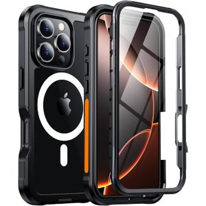 Red2Fire Designed for iPhone 16 Pro Max Case,[Built-in 9H Tempered Glass Screen Protector][Compatible with Magsafe][Full Body Shockproof][Heavy Duty Protection] Phone Case for iPhone 16 Pro Max 6.9" (Black/Clear)