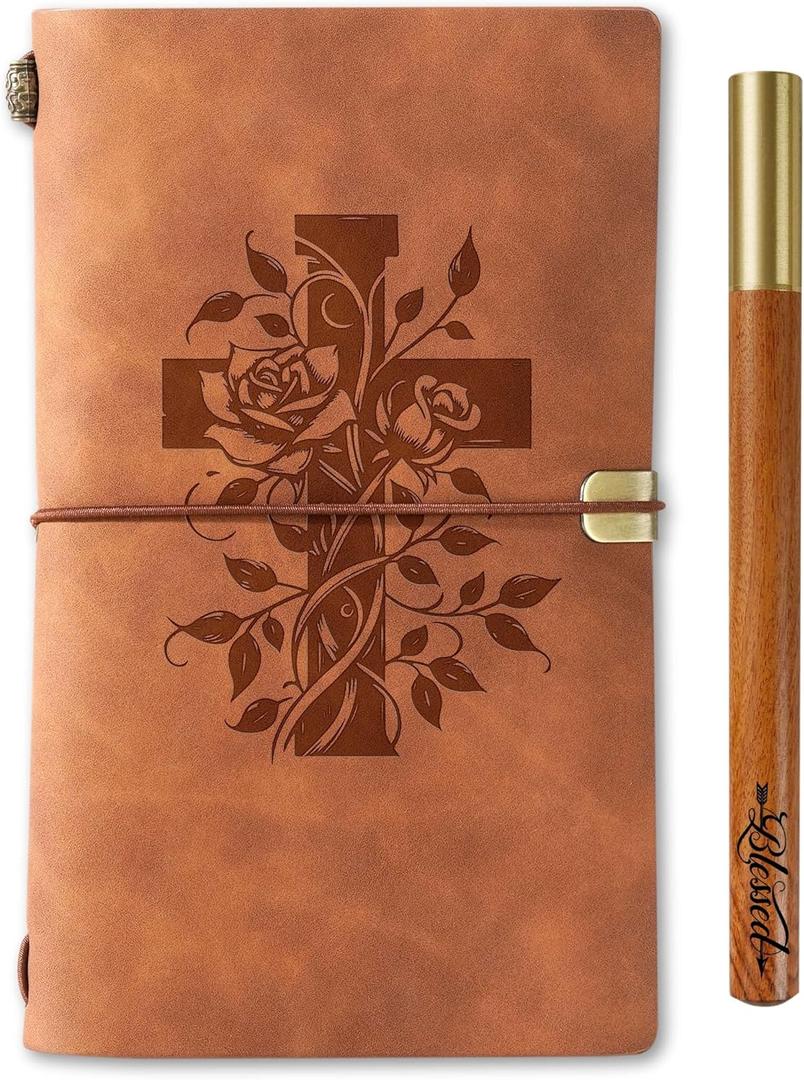 Christian Gifts Journal Notebook with Pen, Blessed Gifts, Religious Gifts for Men & Women, Refillable Sketchbook, Travel Diary, Lined Planner, 7x5 Inches, Brown