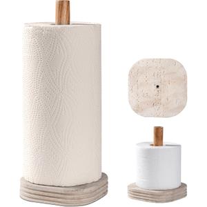 Natural Travertine Textures Standing Paper Towel Holder for Kitchen Countertop, Bathroom Toilet Paper Roll Holder with Weighted Base and Sturdy Wood Stand, for Standard or Plus Rolls, Height-Adjustable (Yellow Stone)