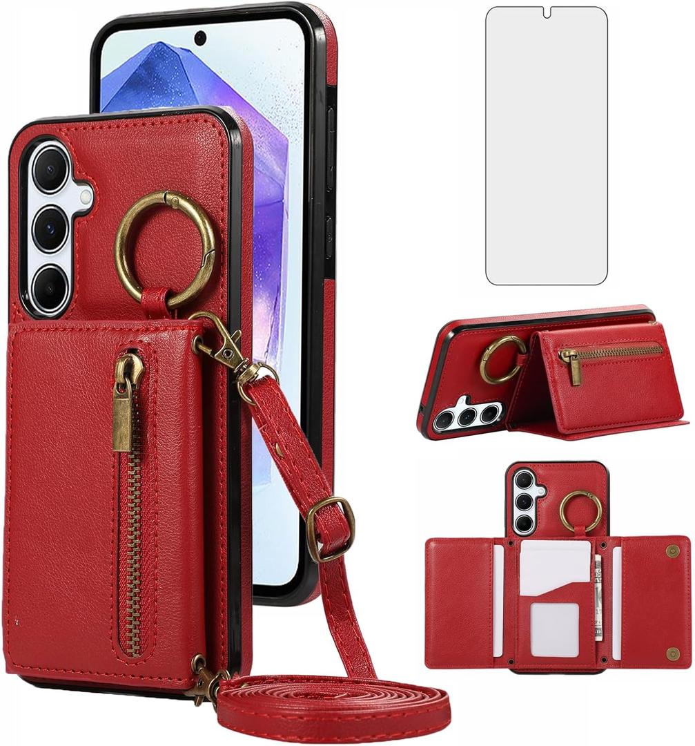 Asuwish Compatible with Samsung Galaxy S24/S25 5G Wallet Case with Tempered Glass Screen Protector and Crossbody Shoulder Strap Card Holder Cell Phone Cover for S 24 24S 25 25S G5 SM-S931U Women Red