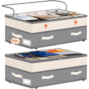 Dolicer 2 Pack Under Bed Storage with Wheels, 6in-10in Height Adjustable Underbed Storage Containers, 92L XXXL Under Bed Drawers Rolling Bin with Clear Lids for Dorm Shoes Clothes Organizers(Grey)