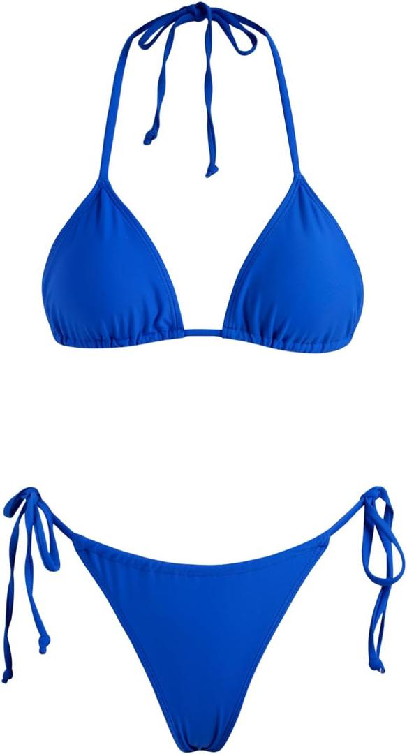 VOLAFA Women's Triangle Bikini Set String Swimsuit Print Tie Smocked Ruched Two Piece Bathing Suit (4, Royal Blue)